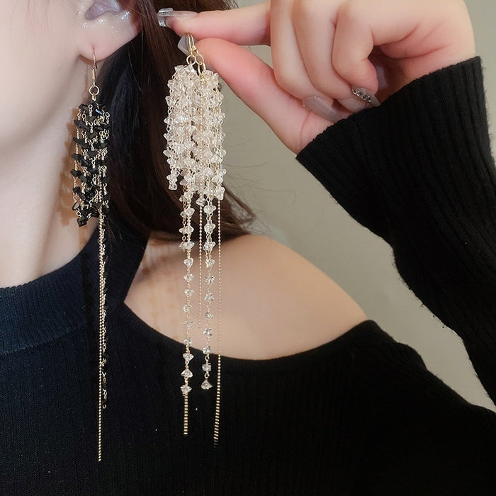 Light Luxury Geometric Glass Bead Tassel Drop Earrings, Statement Fashion Jewelry