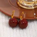 French Vintage Red Round Acrylic Bead Gold Tone Leverback Elegant Light Luxury Drop Earrings view 2