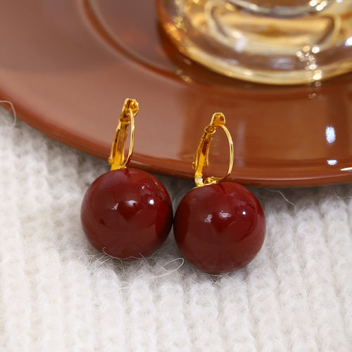 French Vintage Red Round Acrylic Bead Gold Tone Leverback Elegant Light Luxury Drop Earrings