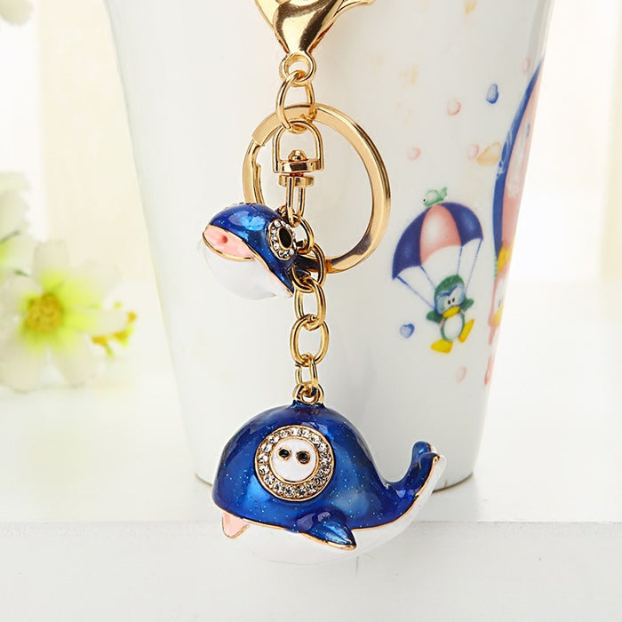 Blue and White Whale Keychain with Enamel Body and Gold Tone Ring