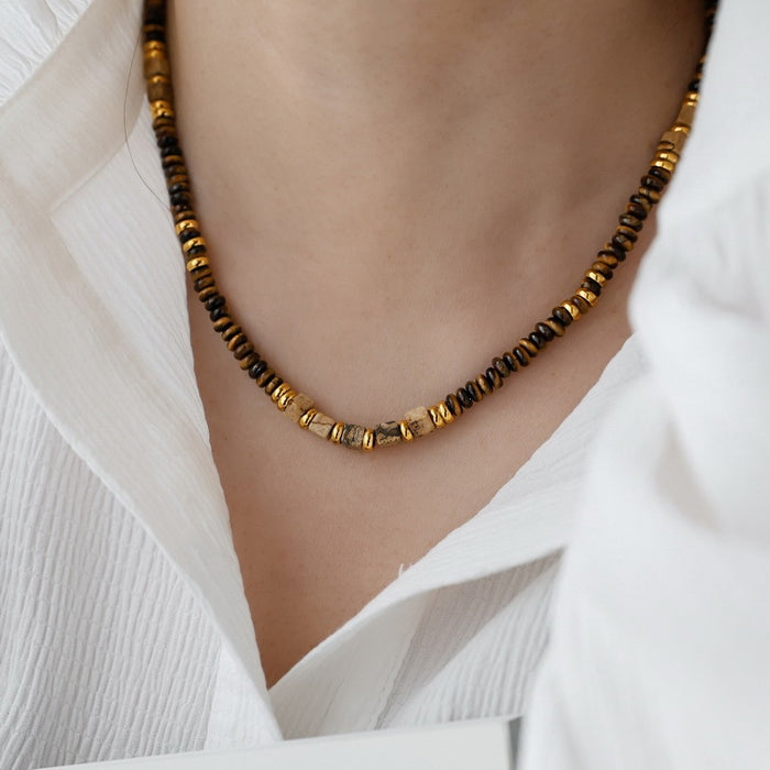 Vintage Geometric Faux Tiger Eye Beaded Copper Necklace For Women Light Luxury Collarbone Jewelry