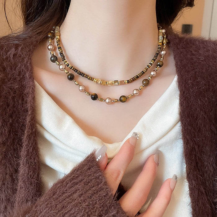 Vintage Maillard Tiger Eye Style Faux Pearl Geometric Round Pendant Necklace For Women