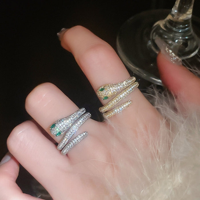 Gold Plated Zircon Coiled Snake Open Ring For Women
