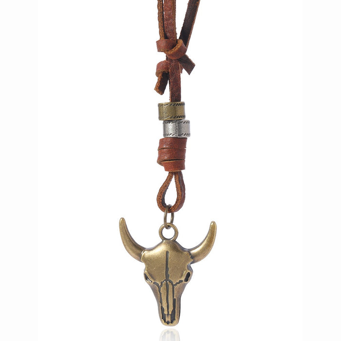 Adjustable Long Leather Necklace With Vintage Bull Head Pendant Unisex Sweater Chain