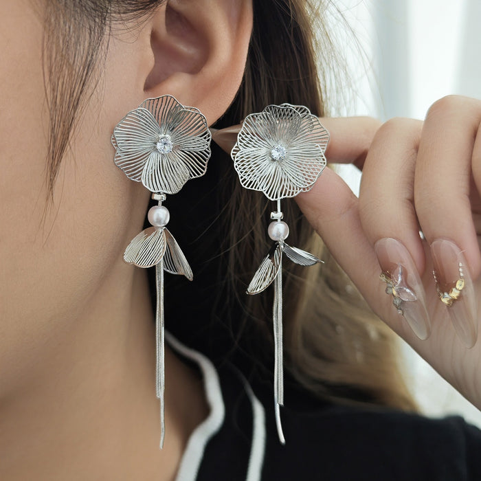 Elegant Hollow Flower Rhinestone Pearl Long Tassel Alloy Silver Needle Statement Drop Earrings