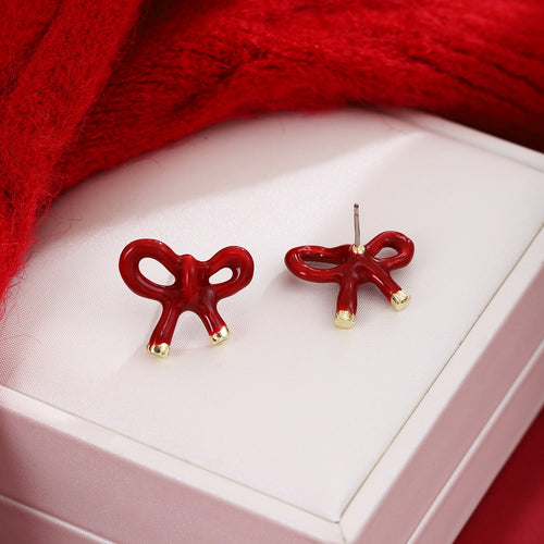 Elegant Red Enamel Bow Stud Earrings For Women, Irregular Alloy Ribbon Knot Winter Fashion Earrings