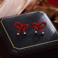 Elegant Red Enamel Bow Stud Earrings For Women, Irregular Alloy Ribbon Knot Winter Fashion Earrings view 3