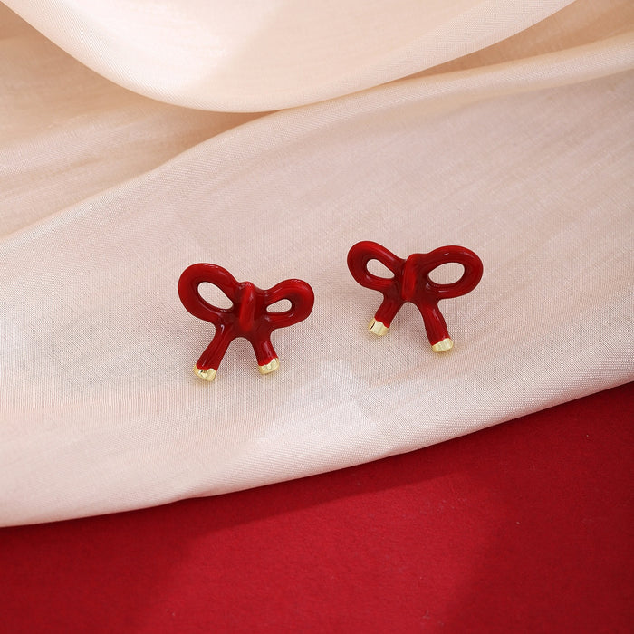 Elegant Red Enamel Bow Stud Earrings For Women, Irregular Alloy Ribbon Knot Winter Fashion Earrings