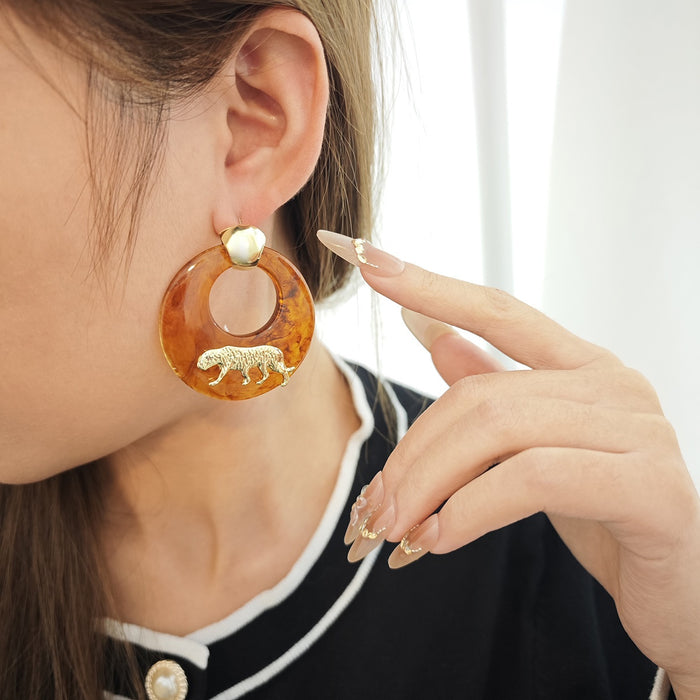 Vintage Amber Tortoiseshell Acrylic Resin Hoop Drop Gold Alloy Tiger Charm Luxury Women Earrings