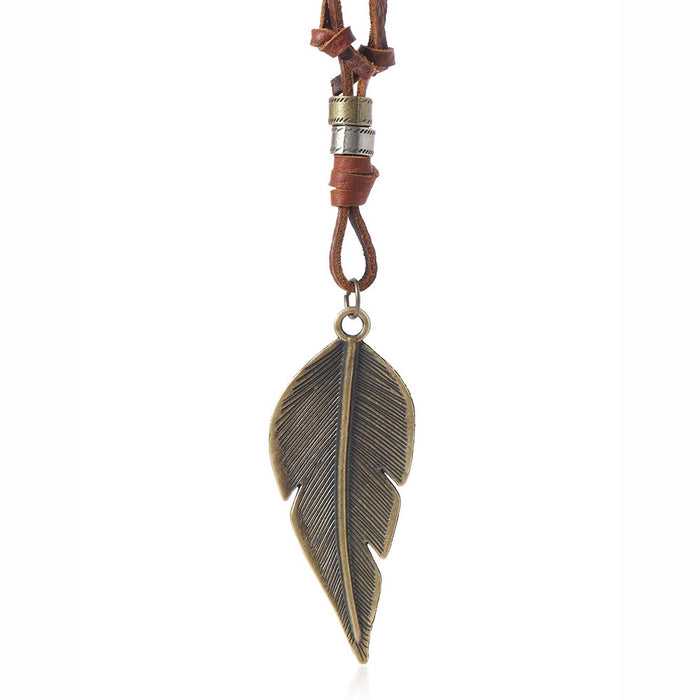 Vintage Leaf Pendant Cowhide Leather Necklace Adjustable Long Sweater Chain Fashion Jewelry