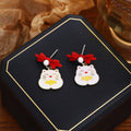 Elegant Chinese New Year Red Enamel Bow Fu Character Lucky Orange Alloy Pearl Stud Dangle Earrings view 4