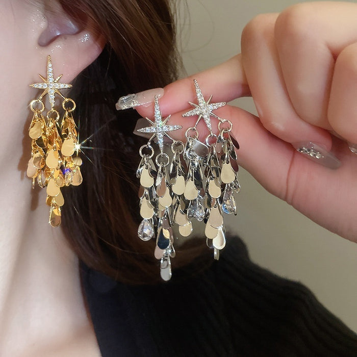 Gold Plated Copper Zircon Star Teardrop Tassel Drop Earrings With Silver Posts