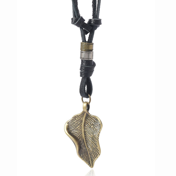 Simple Vintage Leaf Pendant Leather Necklace For Men And Women, Niche Collarbone Sweater Chain