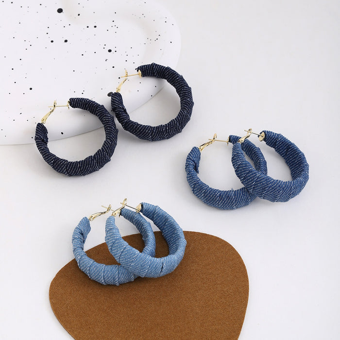 Vintage Korean Style Blue Denim Fabric Wrapped Hoop Alloy Stud Earrings For Women Fashion Earrings