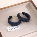 Vintage Korean Style Blue Denim Fabric Wrapped Hoop Alloy Stud Earrings For Women Fashion Earrings view 2