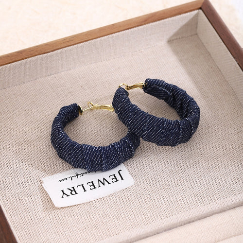 Vintage Korean Style Blue Denim Fabric Wrapped Hoop Alloy Stud Earrings For Women Fashion Earrings