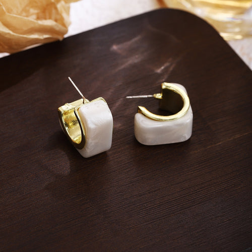 Vintage French Square C Hoop Studs With Gold Tone Alloy And Glossy Acrylic Minimal Luxury Earrings