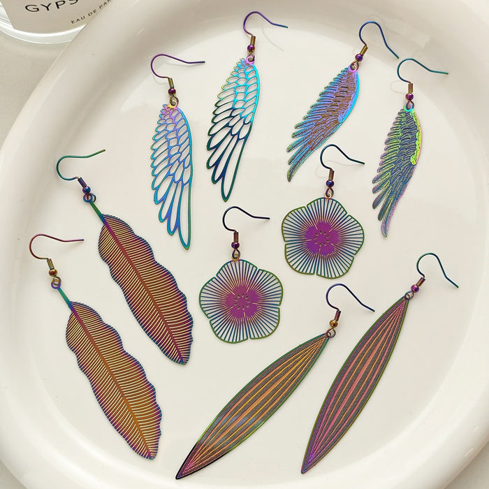 Vintage Bohemian Ethnic Iridescent Alloy Hollow Feather Drop Hook Dangle Women Fashion Earrings