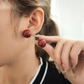 Vintage Light Luxury Red Round Double Sided Faux Pearl Alloy Front Back Studs For Women Party Earrings view 3