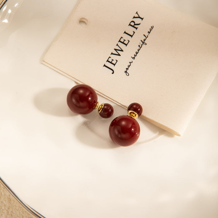 Vintage Light Luxury Red Round Double Sided Faux Pearl Alloy Front Back Studs For Women Party Earrings