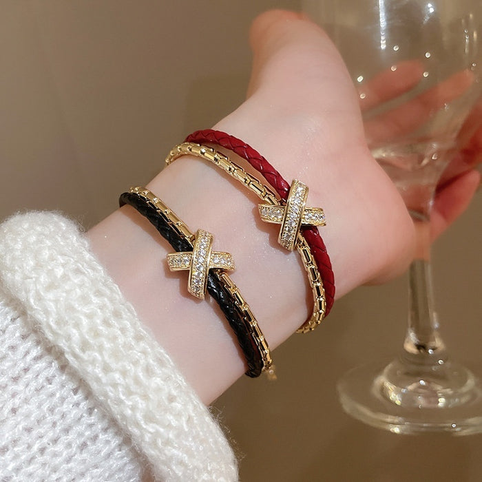 Gold Plated Copper Zirconia Cross Bangle For Women, Minimalist Geometric Fashion Bracelet