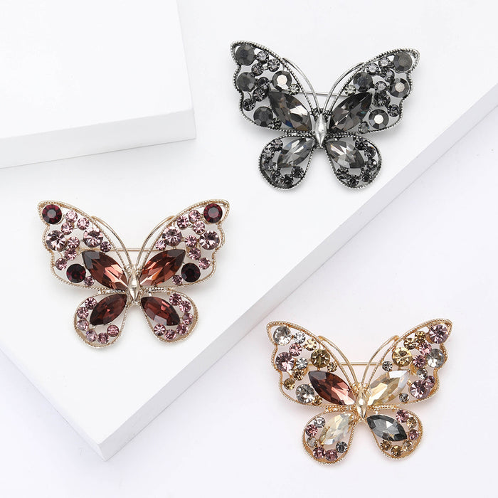 Alloy Rhinestone Hollow Butterfly Brooch Pin For Women's Apparel