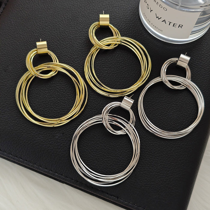 Elegant Luxury Multi Layer Alloy Round Hoop Hollow Metal Drop Earrings For Women Fashion Statement Earrings