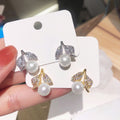 Faux Pearl Leaf Stud Earrings For Women, Elegant Lightweight Daily Wear Fashion Jewelry view 3