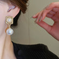 Vintage Alloy Faux Pearl Geometric Square Stud Earrings For Women Light Luxury Style view 3