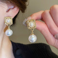 Vintage Alloy Faux Pearl Geometric Square Stud Earrings For Women Light Luxury Style view 1