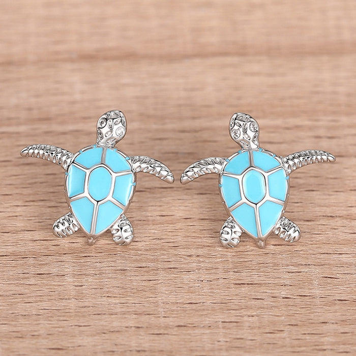 Cute Metal Enamel Turtle Stud Earrings For Women Micro Pave Zircon Daily Jewelry