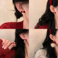 Chic Alloy Silver Needle Red Snowflake Bow Pom Pom Stud Earrings Vintage Light Luxury Winter Jewelry view 1