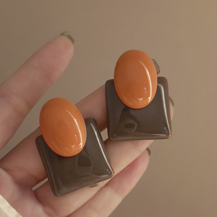 Retro Hong Kong Style Oval Colorblock Alloy Stud Earrings For Women Light Luxury Geometric Jewelry