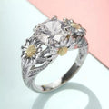 Hong Kong Forest Style Daisy Flower Ring For Women, Four Prong Zircon Pastoral Jewelry view 2