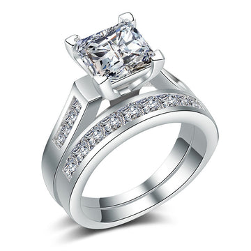 Gold and Silver Tone Square Stone Two Ring Set with Clear Stone Accents