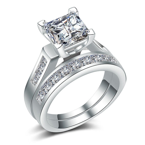 Gold and Silver Tone Square Stone Two Ring Set with Clear Stone Accents shown in front view