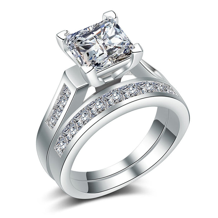 Gold and Silver Tone Square Stone Two Ring Set with Clear Stone Accents