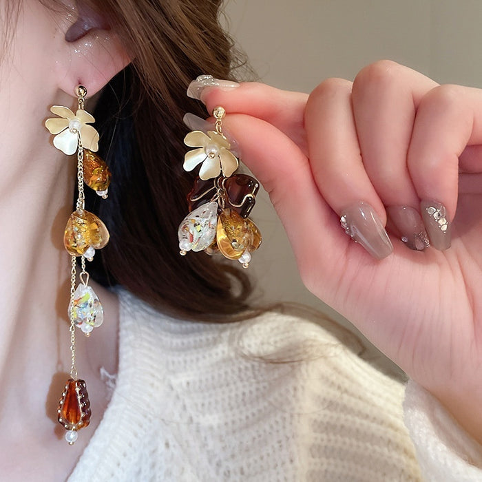Alloy Flower Bow Heart Tassel Drop Earrings, Vintage Light Luxury Asymmetric Stud Style