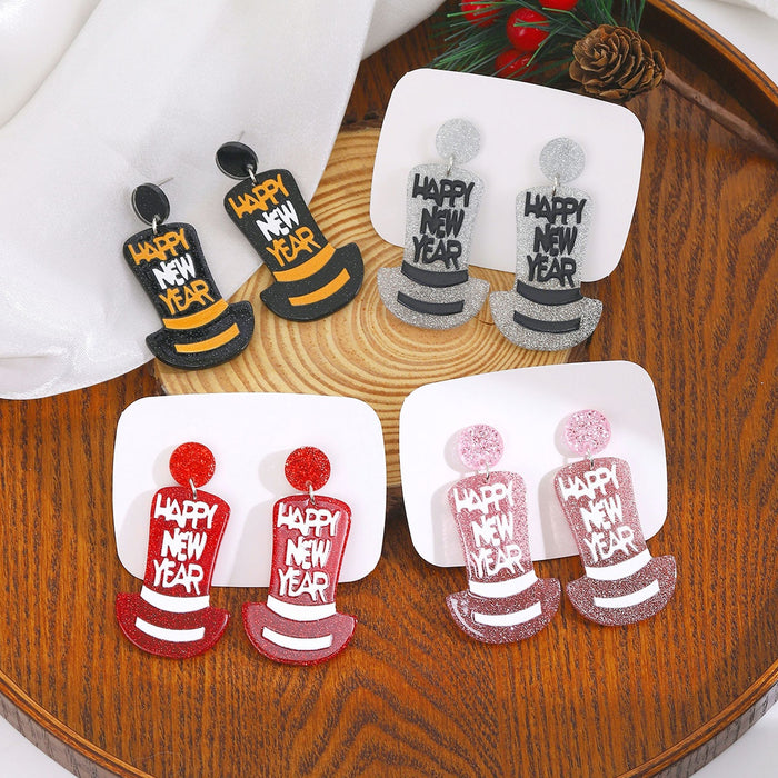 Creative Happy New Year Top Hat Acrylic Drop Earrings For Women, Cute Party Statement Earrings