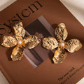 European American Luxury Chic Oversized 3D Hammered Gold Alloy Flower Pearl Statement Earrings view 2