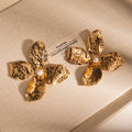European American Luxury Chic Oversized 3D Hammered Gold Alloy Flower Pearl Statement Earrings view 4