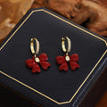 Vintage Hong Kong Style Red Enamel Bowknot Rhinestone Huggie Hoop Dangle Luxury Fashion Earrings view 4