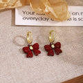 Vintage Hong Kong Style Red Enamel Bowknot Rhinestone Huggie Hoop Dangle Luxury Fashion Earrings view 3