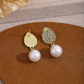 Elegant French Vintage Zircon Tulip Leaf Studs With Gold Alloy Setting And Round Pearl Drop Earrings view 2
