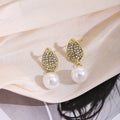 Elegant French Vintage Zircon Tulip Leaf Studs With Gold Alloy Setting And Round Pearl Drop Earrings view 3
