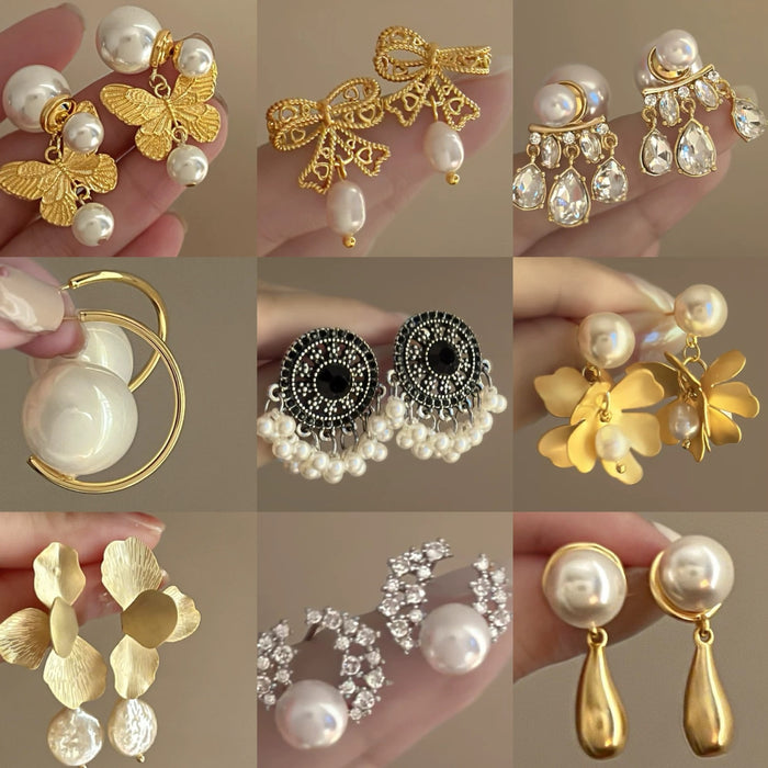 Copper Butterfly Faux Pearl Stud Earrings For Women Vintage Light Luxury Elegant Jewelry