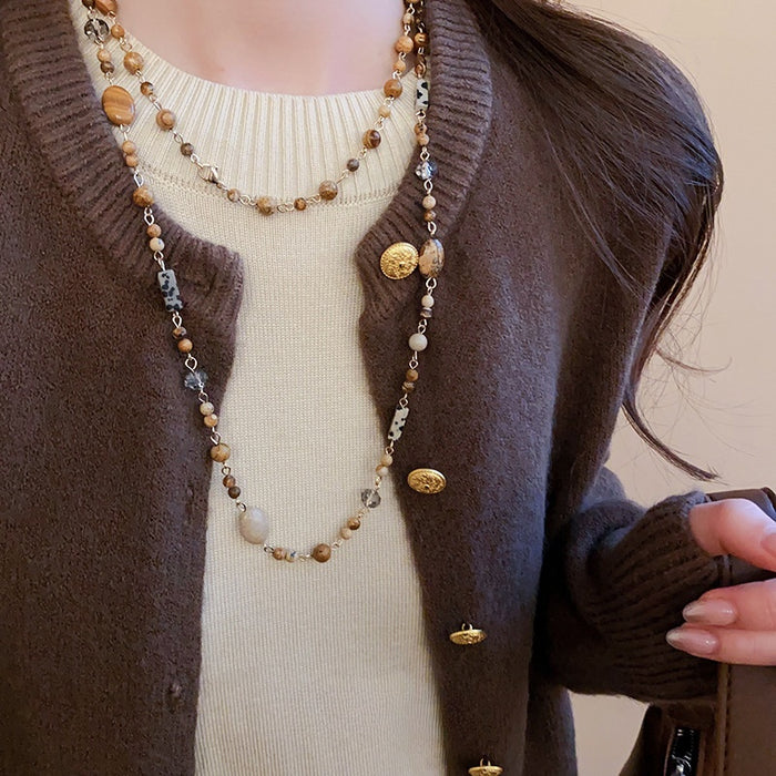 Gold Plated Copper Geometric Round Beaded Sweater Necklace For Women Vintage Maillard Style