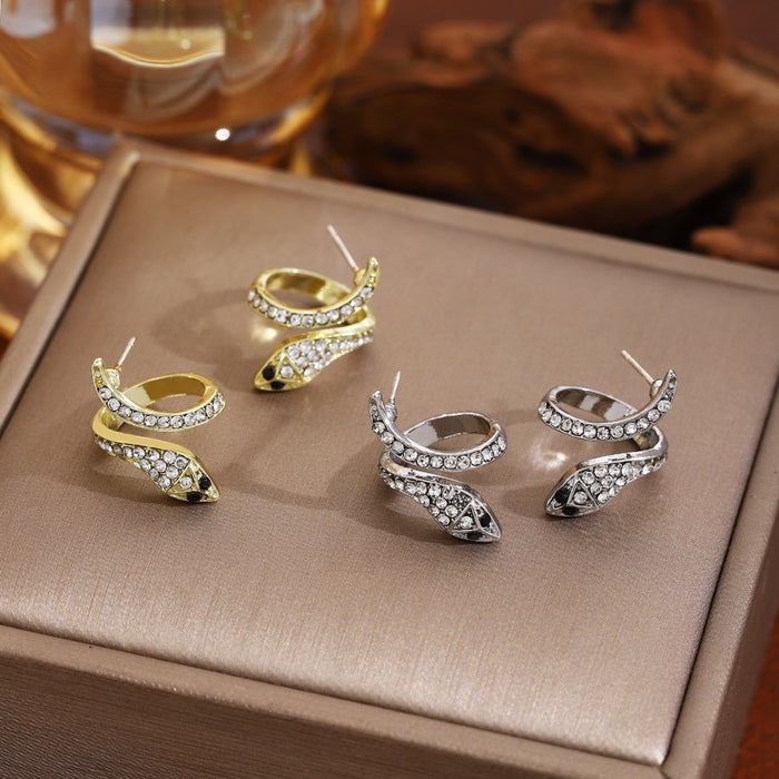 Elegant Rhinestone Serpent Wrap Alloy Studs, Luxury Snake Shape Jewelry For Women Earrings