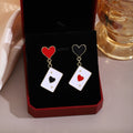 Light Luxury Asymmetric Red Heart Black Spade Playing Card Enamel Alloy Drop Dangle Women Earrings view 2