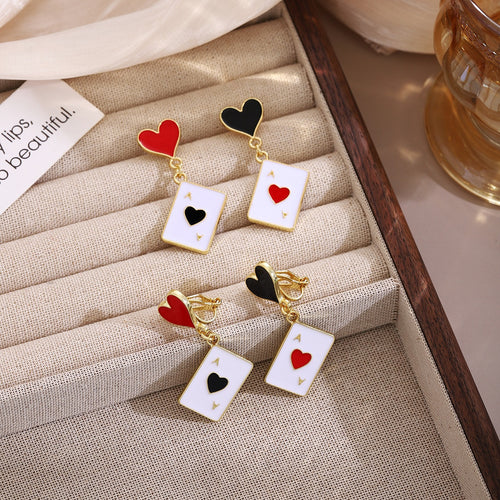 Light Luxury Asymmetric Red Heart Black Spade Playing Card Enamel Alloy Drop Dangle Women Earrings